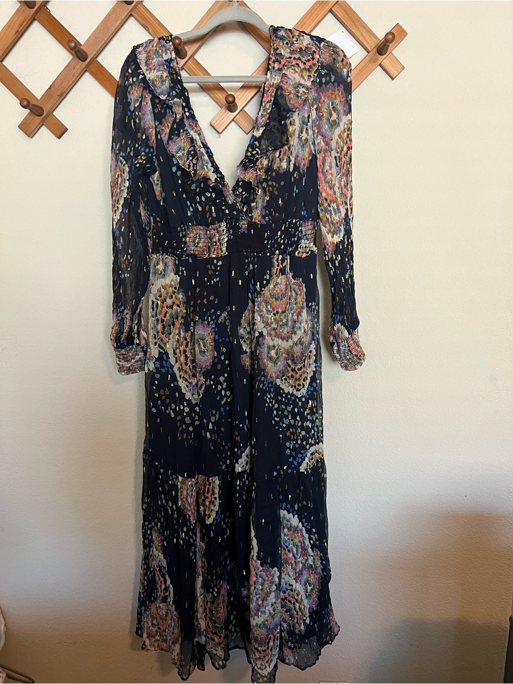Anthropologie Navy Multicolor Floral V-Neck Long Sleeve Dress